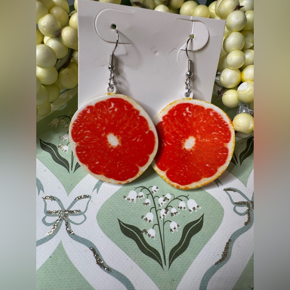 Grapefruit Slice Dangle Earrings - Bright Red summer citrus fun